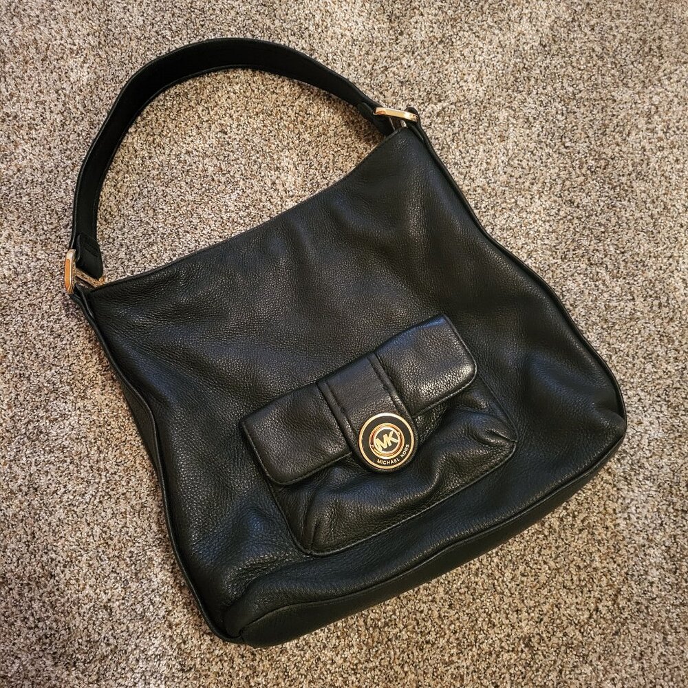 Michael Michael Kors Black Leather Pushlock Hobo Shoulder Bag